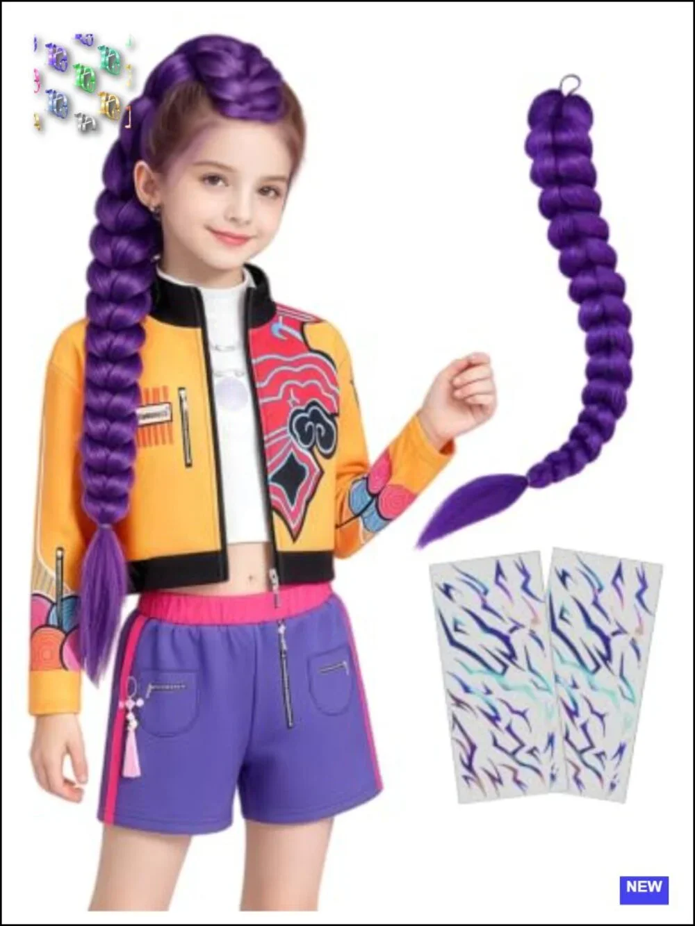 Girls Pop Star Hunter Costume Halloween Outfit with Jacket Top Shorts Braid &